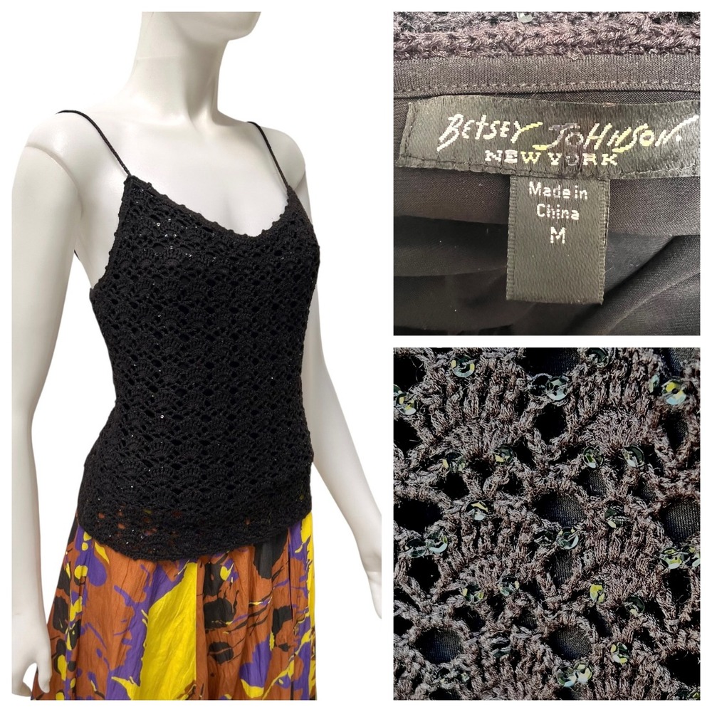 VTG Y2K Betsey Johnson Crochet Sequin Cami Archival Black Label Grunge Fairycore